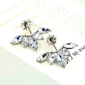 Clear Rhinestone Marquise Petal Jacket and Solitaire Stud Silver Tn Earrings NWT